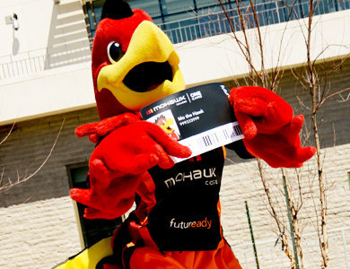 Mohawk Mascot, Mo the hawk, holding one card 