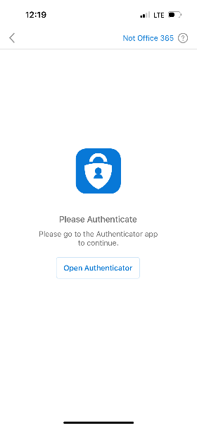 Screenshot of the Outlook iOS app asking you to open the Authenticator app to continue setting up you email.