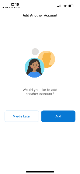 Screenshot of the Outlook iOS app asking if you would like to add another account. The Maybe Later button is highlighted.