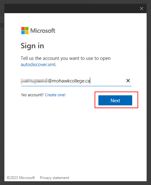 Screenshot of a Microsoft login screen where you enter your EmployeeID at mohawkcollege.ca. The Next button is highlighted.