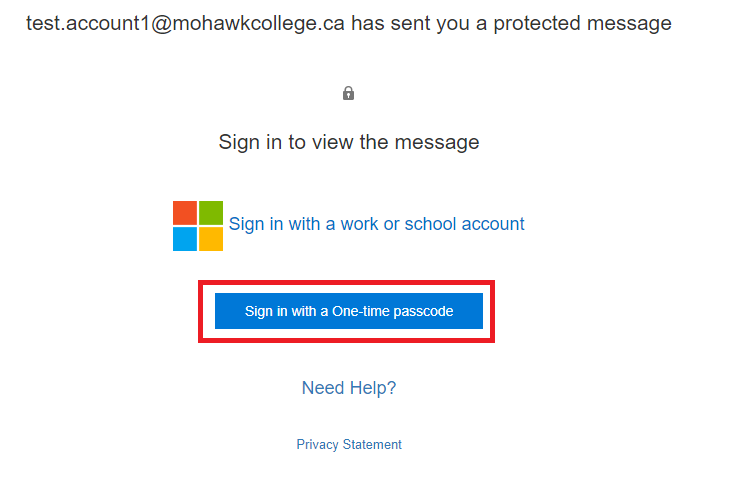 Screenshot of Microsoft page with Sign In with One-Time Password option highlighted