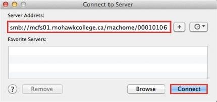 Screenshot of Connect to Server prompt in Mac OS showing server address