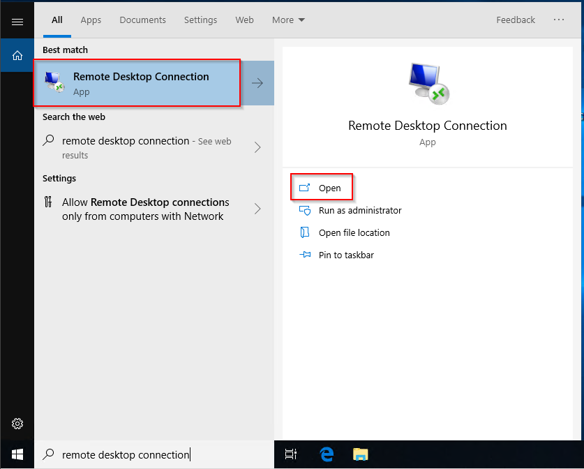 Screenshot of windows 10 start menu displaying search result for remote desktop connection