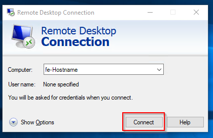 Screenshot of remote desktop connection window asking for computer hostname
