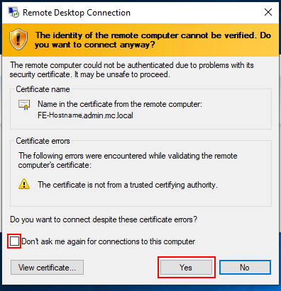 Screenshot of remote desktop warning message