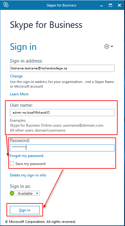 Screenshot showing format of Username field when signing into skype for business