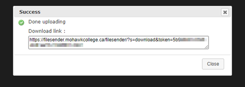 Screenshot showing the Success notification and the download link generated by FileSender