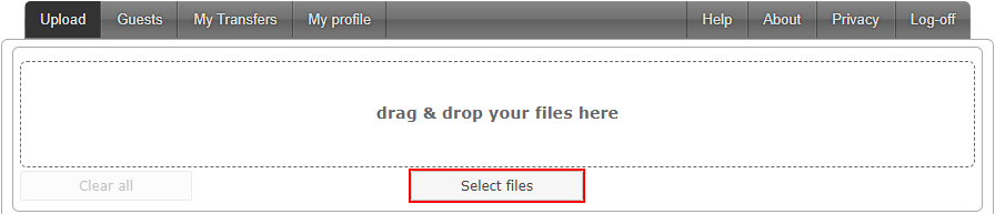 Screenshot of the top section of the FileSender page with the Select Files button highlighted