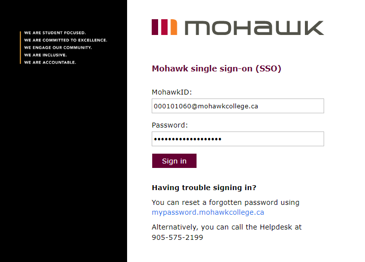 Screenshot of Mohawk Single Sign-On page with MohawkID and password