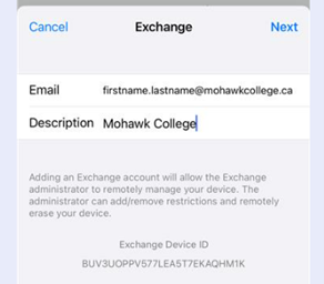 Account setup screen showing the user's email address in the email box and the name Mohawk College in the description box.