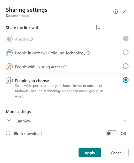 Screenshot of the Sharing Settings menu displaying Share the Link With options