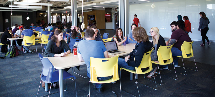 Students sitting together in the Mohawk College C Wing at Fennell Campus