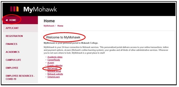 MyMohawk page displaying home page and highlighting MyCanvas link