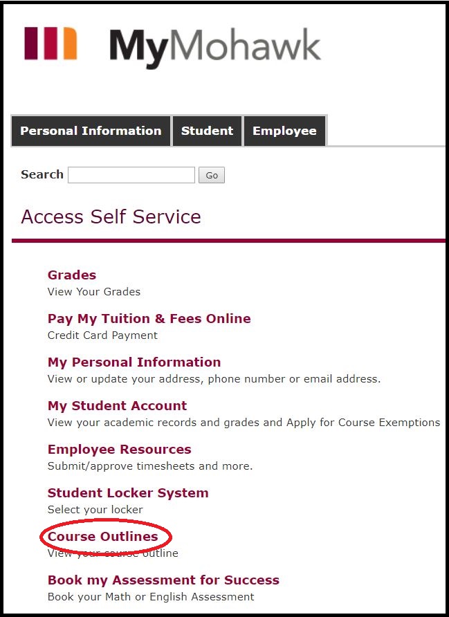 Access Self Service page highlighting the Course Outlines link