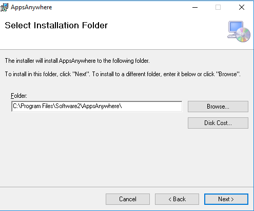 screenshot of apps anywhere installation window showing installation folder path
