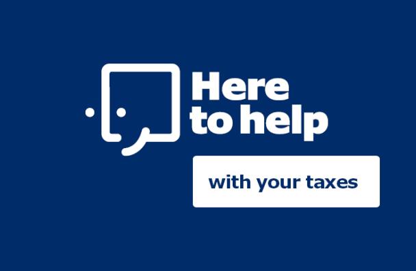 The image has a text on it "Here to help with your taxes".