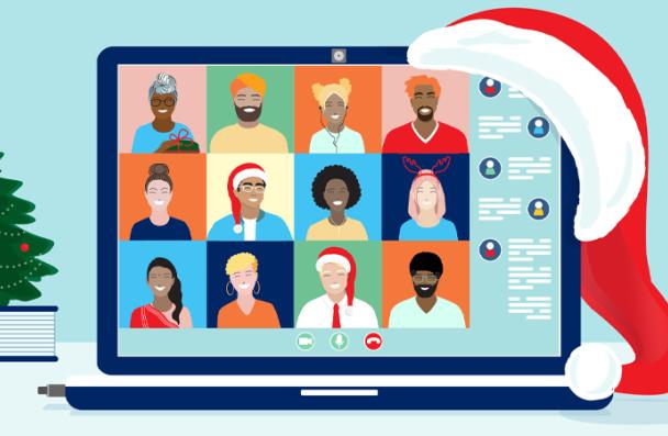 Virtual Christmas online meeting laptop screen graphic