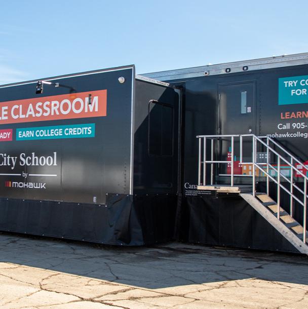 the city school mobile classroom set up on sunny day