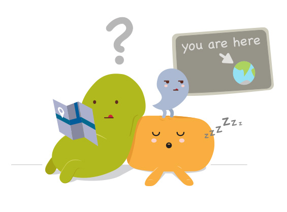 illustration of funny characters looking at a map