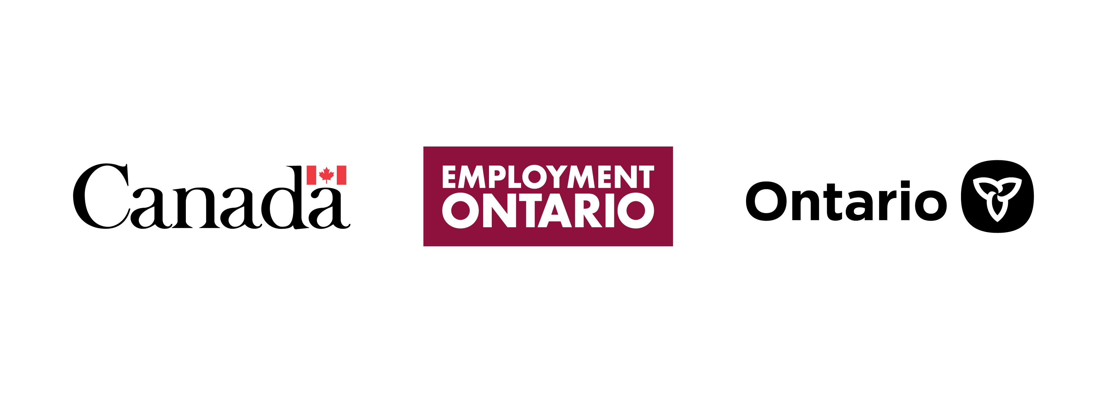 "A block of wordmark identifiers in colour: Symbol of the Government of Canada, Wordmark of Employment Ontario, and Symbol of the Government of Ontario. "