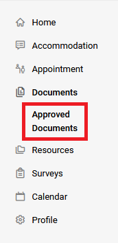 student portal left side navigation with approved documents highlighted