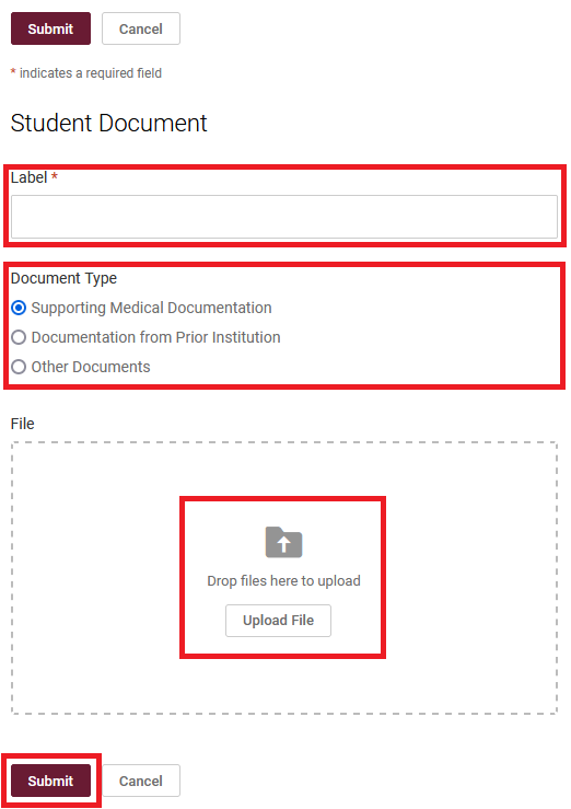 file upload screen with label, document type, upload file button, and submit button highlighted