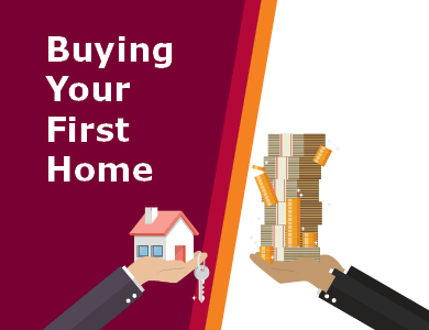 "Buying Your First Home with two hands holding money and a house"