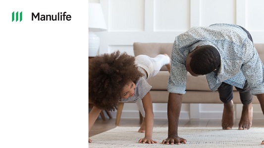"manulife logo with a man and child working out"