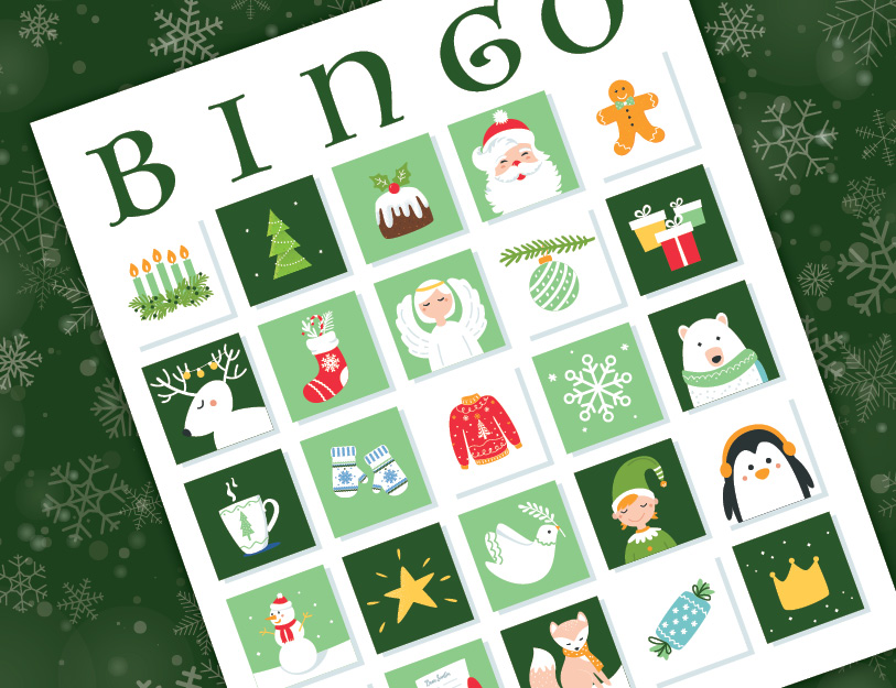 Bingo card with holiday images on the card like tree and angle