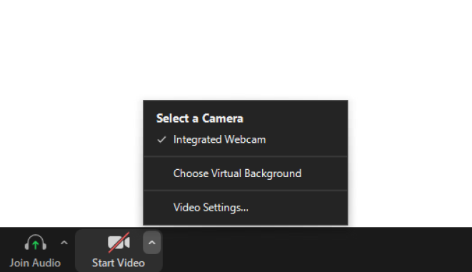 Zoom menu bar with option to turn camera on and off