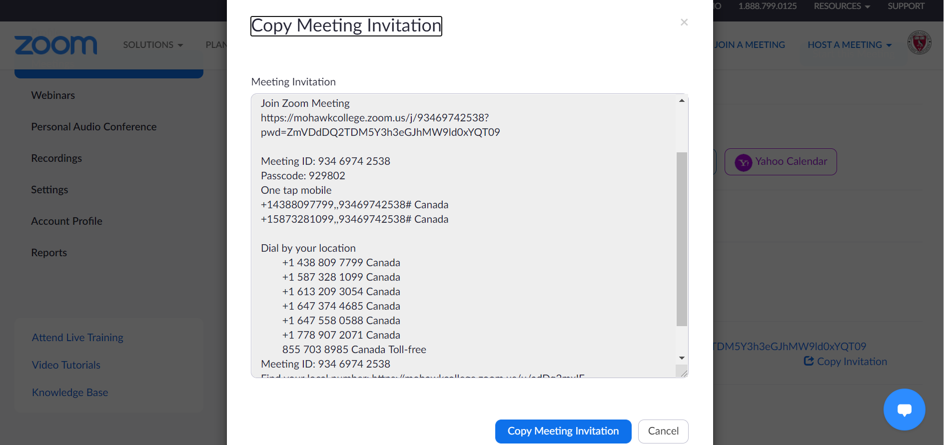 Copying invitation in Zoom to invite others