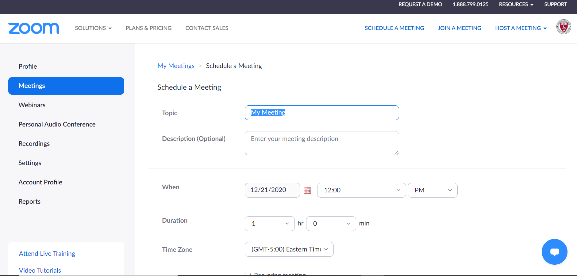 Setting up a meeting in Zoom