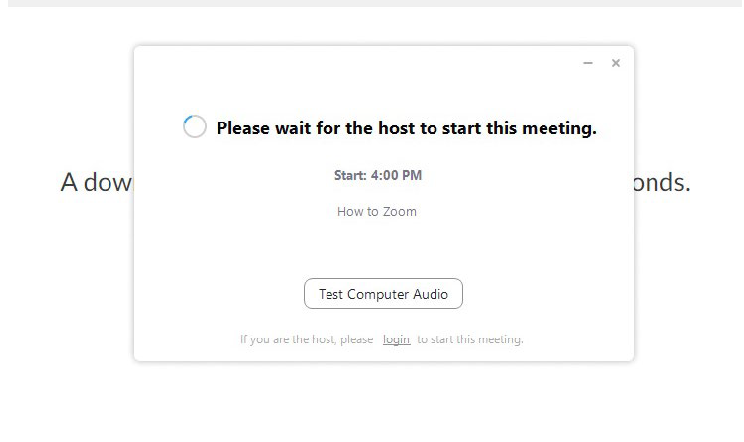 Zoom screen with text Please wait for the host to start this meeting
