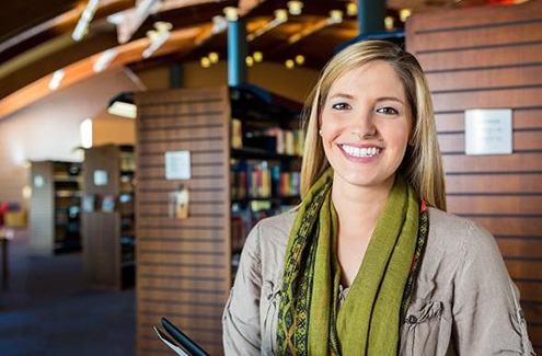 a woman in a library