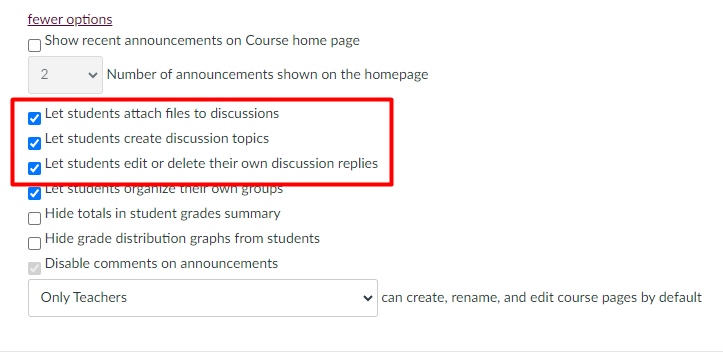 Screenshot of the More Options menu with “Let students attach files”, “Let students create discussion posts”, and “Let students edit or delete their own discussion posts” indicated.