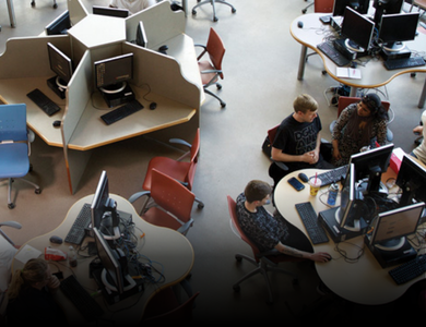 Aerial shot of students studying on campus