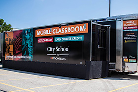 city school trailer in parking lot