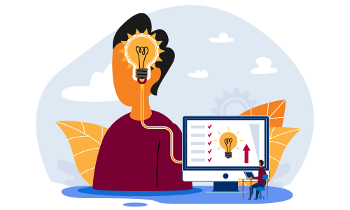 An illustration of a man sitting at a computer feeding his mind with ideas.