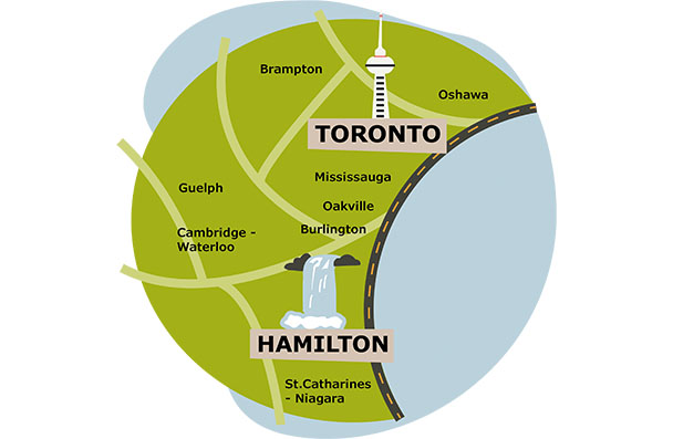 Ilustrated map of Hamilton's location to other major cities in the GTA