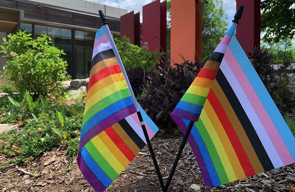 Two 2SLGBTQIA + flags infront of the Mohawk sign