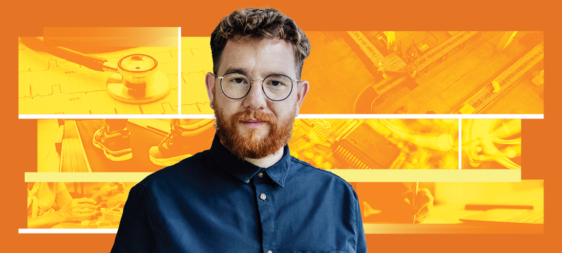 Student posing in front of a collage of images.