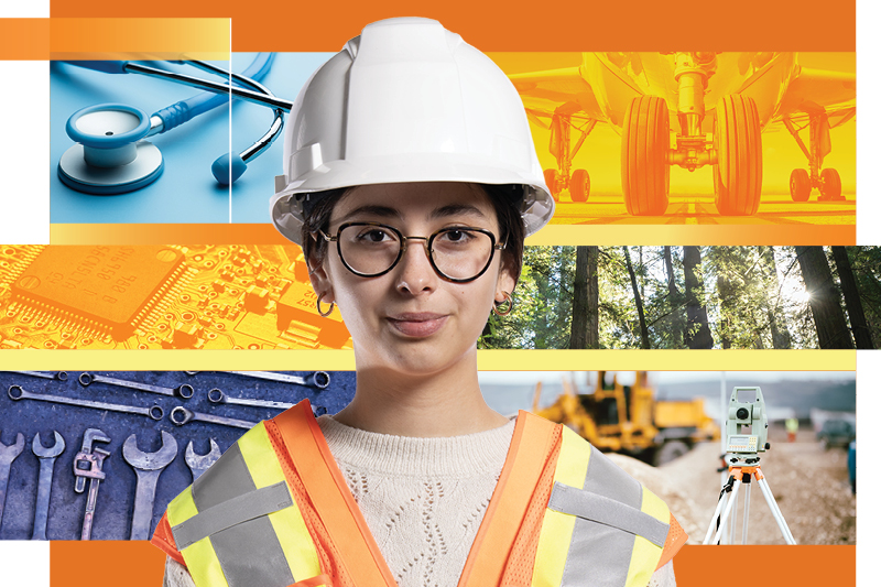 Mohawk student in a hard hat with a collage behind.