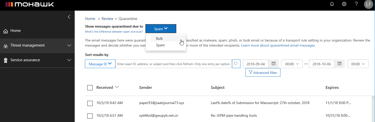 Screenshot showing Quarantine options for SPAM and Bulk