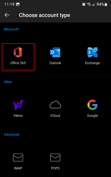 Screenshot of the Outlook android app showing where to tap the Office 365 icon.