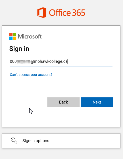 Screenshot of a Microsoft login screen where you enter your EmployeeID at mohawkcollege.ca. The Next button is highlighted.