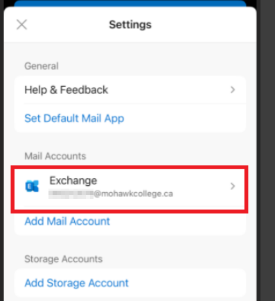 Screenshot of the Outlook Settings in iOS. The user's Exchange mail account is highlighted