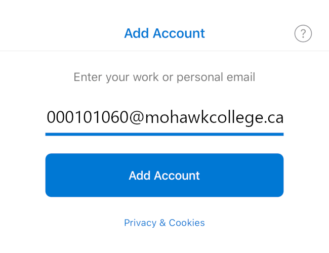 Screenshot of the Add Account prompt in Outlook iOS with EmployeeID at mohawkcollege.ca entered. The Add Account button is highlighted.