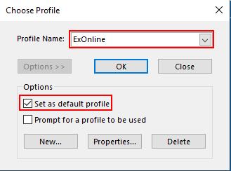Screenshot of Outlook's Choose Profile window. The profile name ExOnline is selected. The box next to Set As Default Profile is checked off. The OK button is highlighted.