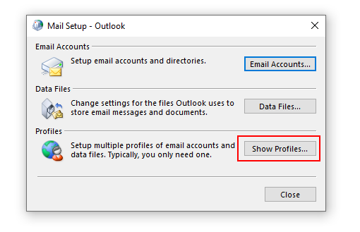 Screenshot of the Mail Setup utility with the Show Profiles button highlighted