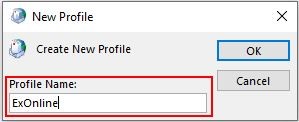 Screenshot of the New Mail Profile window with text box highlighted. The name ExOnline is entered into the text box.